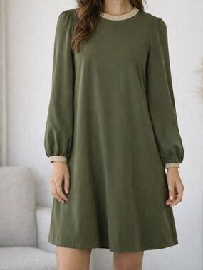 Boden Olive Green Dress US 6 Long Sleeve Gold Trim A-Line Mini